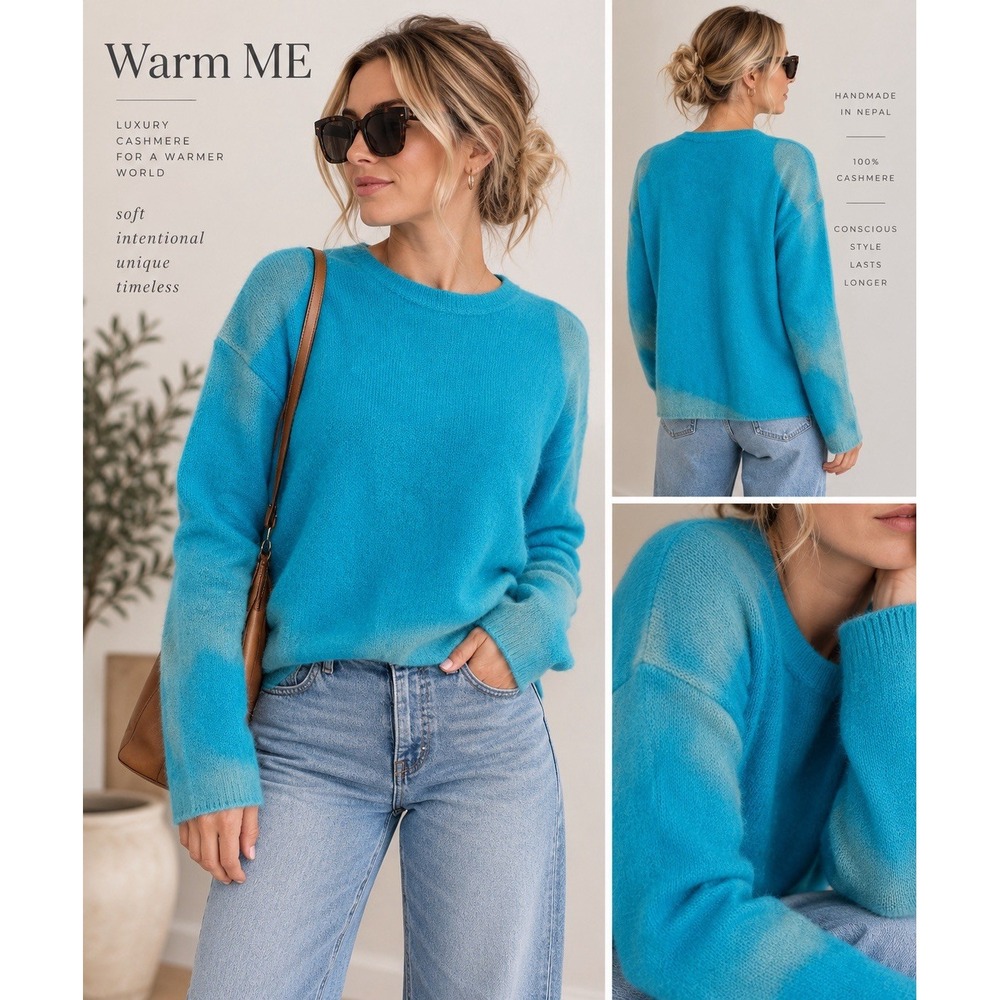 Warm ME 100% Cashmere Sweater S Turquoise Distressed Wash Handmade Nepal